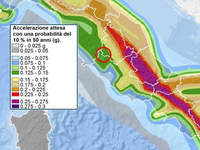 Mappa scuotimento, la zona epicentrale è a bassissima sismicità