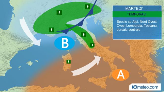 martedì in italia, temporali al Nord e su parte del Centro