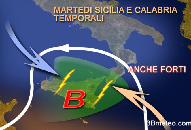martedì temporali su Sicilia e Calabria