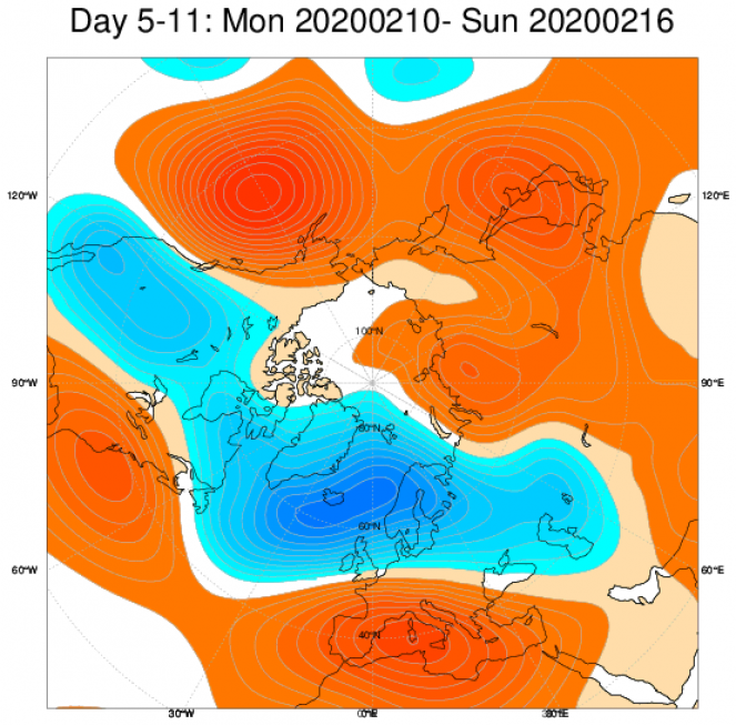 Media di ensemble del modello inglese ECMWF relativa all'anomalia di Altezza di Geopotenziale a 500 hPa (circa 5.500 metri) per il periodo 10-16 febbraio 2020 