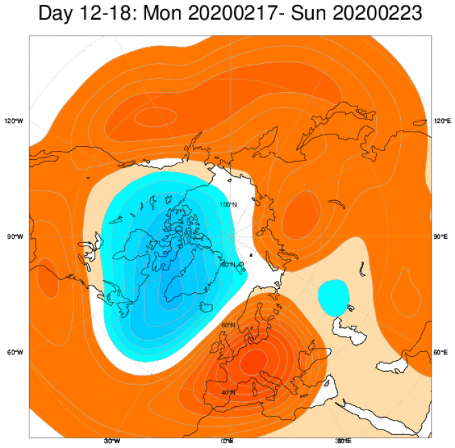 Media di ensemble del modello inglese ECMWF relativa all'anomalia di Altezza di Geopotenziale a 500 hPa (circa 5.500 metri) per il periodo 17-23 febbraio 2020 