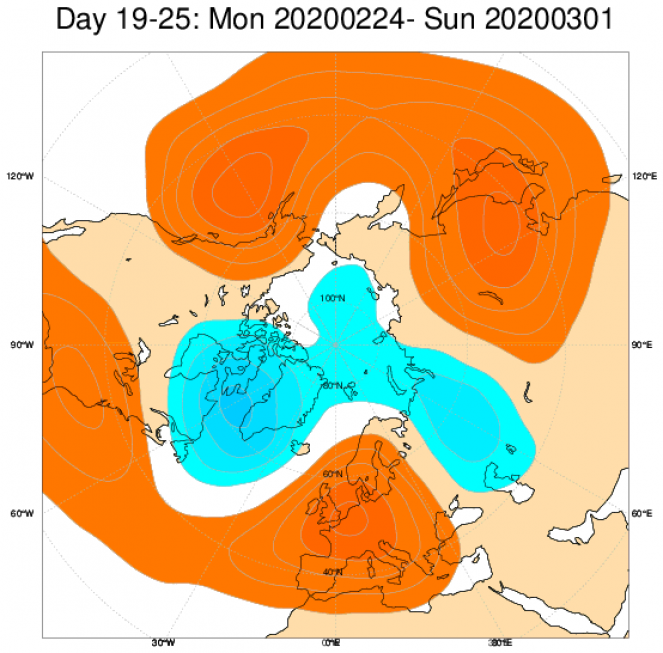 Media di ensemble del modello inglese ECMWF relativa all'anomalia di Altezza di Geopotenziale a 500 hPa (circa 5.500 metri) per il periodo 24 febbraio - 1 marzo 2020 