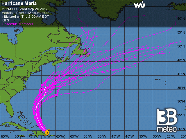 Media ensemble della traiettoria prevista dell'uragano Maria nei prossimi giorni