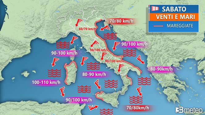 Meteo burrasca di vento sull'Italia nella giornata di sabato
