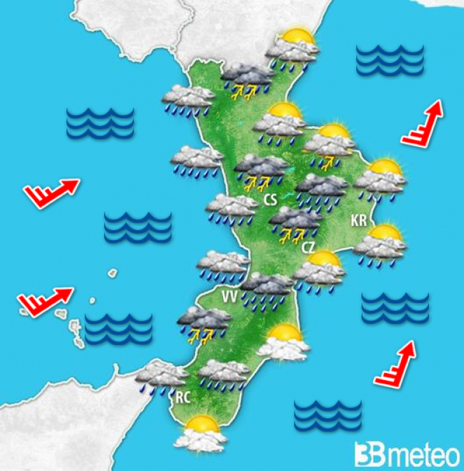 Meteo Calabria, forte maltempo martedÃ¬ con temporali, nubifragi, venti forti e mareggiate