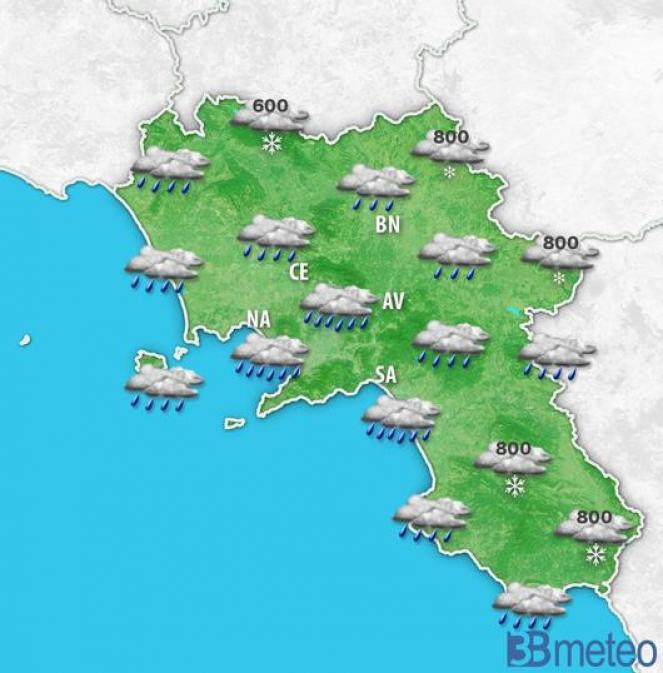 Meteo Campania maltempo tra mercoledì e giovedì con venti forti, pioggia e neve fino a quote di collina