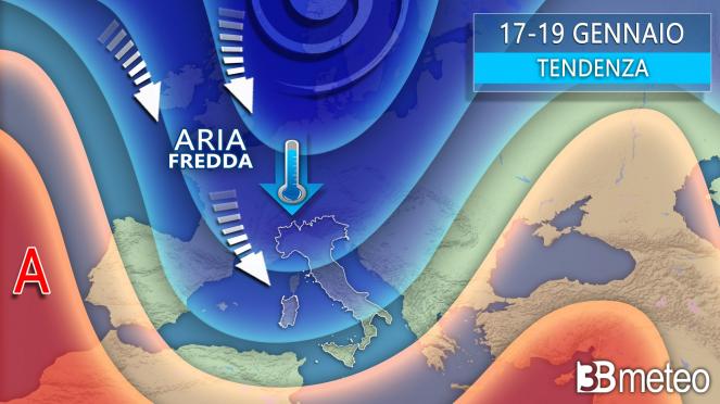 Meteo Europa, tendenza 17-19 gennaio, aria fredda verso il Mediterraneo