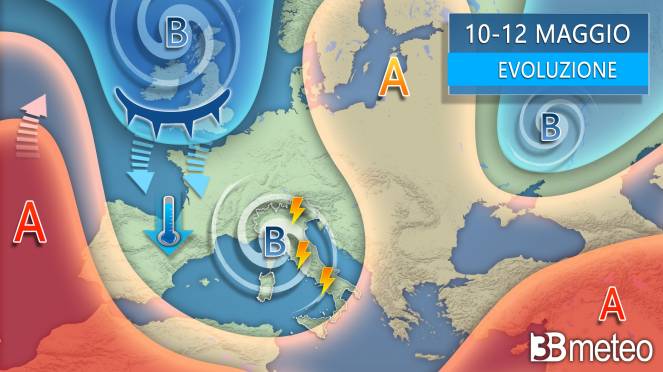 Vädrets utveckling mellan onsdag och fredag, cyklon virvlar runt Italien