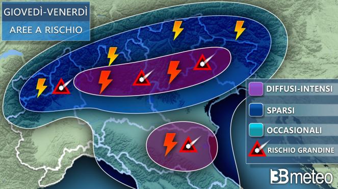 Meteo - Focus forti temporali, nubifragi e grandine tra giovedì e venerdì