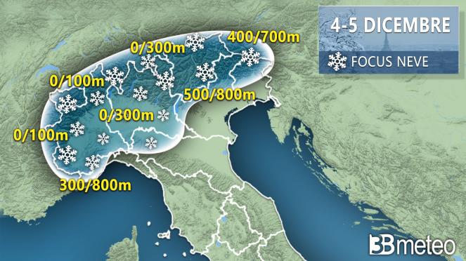 La cartina della neve (illustrazione 3Bmeteo)