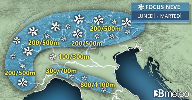 Meteo: focus neve per il Nord Italia tra lunedì sera e martedì