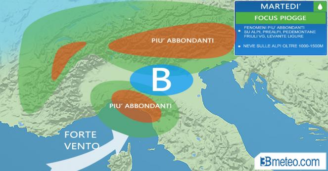 Meteo: focus piogge in arrivo al Nord Italia