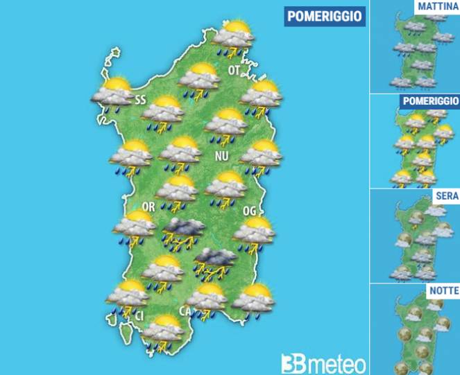 Meteo Giovedì: piogge sparse e temporali sulla Sardegna.
