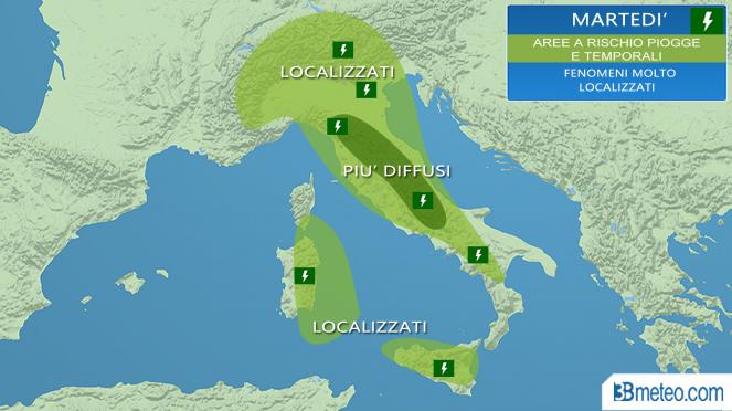 Meteo Italia: aree a rischio piovaschi o temporali martedì
