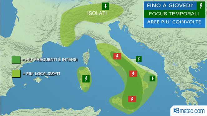 Meteo Italia: aree a rischio temporali prossime ore
