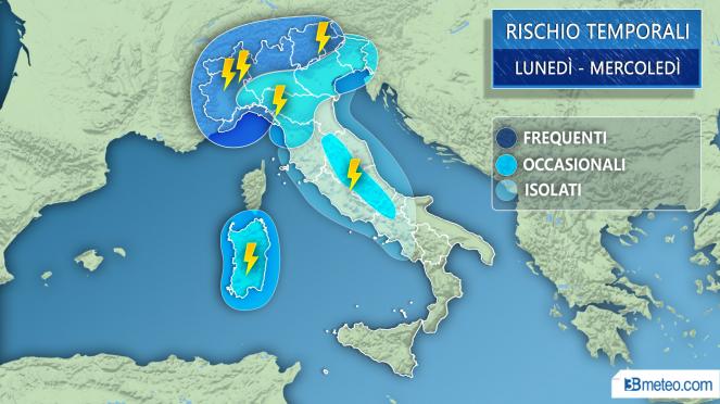 Meteo Italia: focus area a maggior rischio rovesci o temporali da lunedì