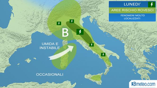 Meteo Italia: focus aree a rischio rovesci lunedì