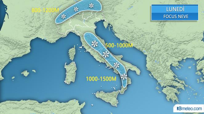 Meteo Italia: focus neve lunedì