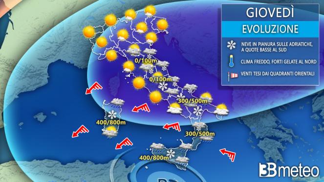 Meteo Italia: giovedì freddo e neve su diverse regioni