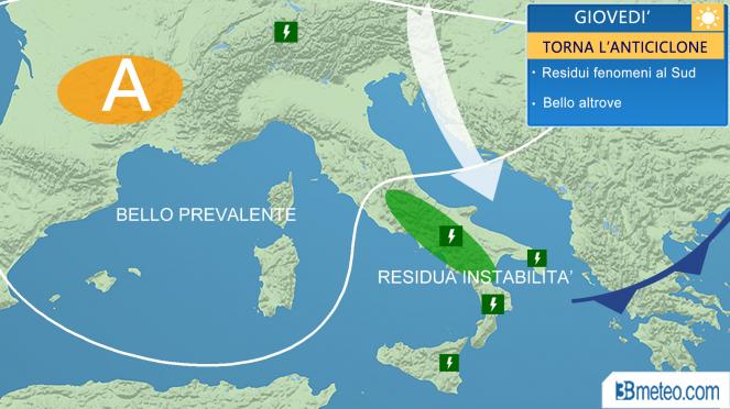 meteo italia, giovedì residui fenomeni