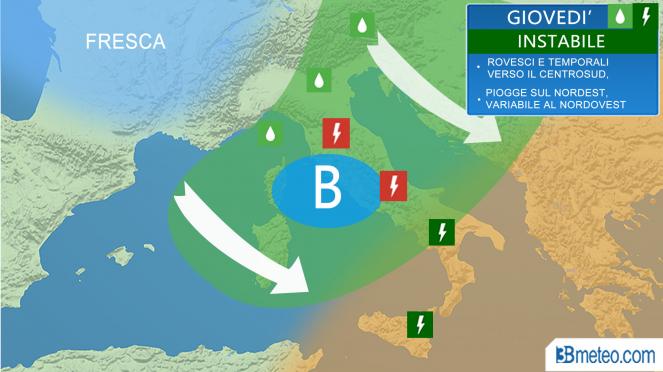 Meteo Italia giovedì: rovesci e temporali anche al Centrosud