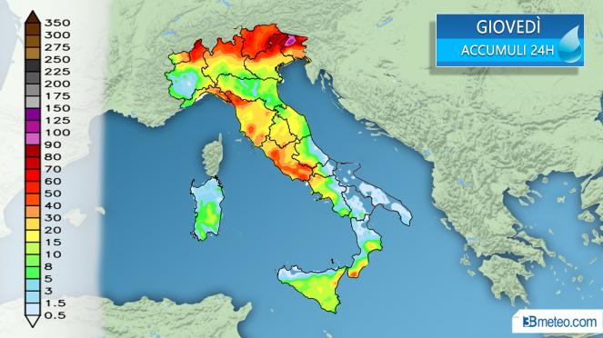 Meteo Italia: gli accumuli in 24 ore attesi per giovedì