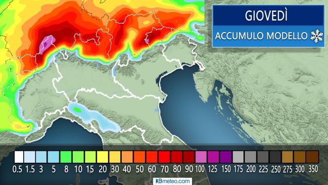Meteo Italia: gli accumuli nivometrici in 24 ore attesi giovedì