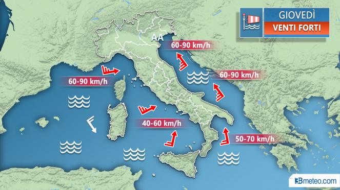 Meteo Italia: i venti previsti giovedì