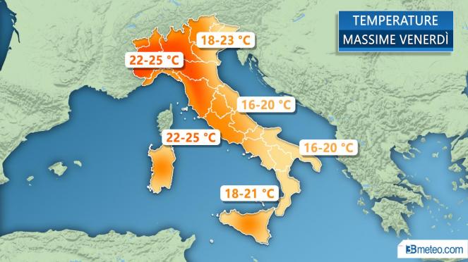 Meteo Italia: le massime attese venerdì