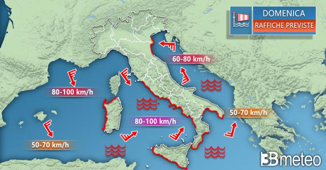 Meteo Italia: le raffiche di vento previste domenica