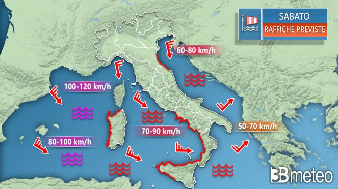 Meteo Italia: le raffiche di vento previste sabato