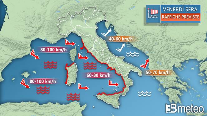 Meteo Italia: le raffiche di vento previste venerdì