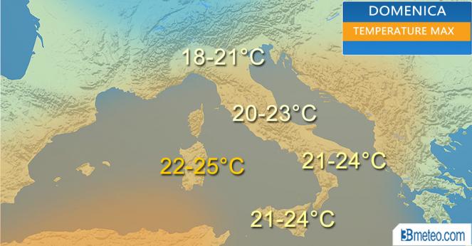 Meteo Italia: le temperature massime attese domenica