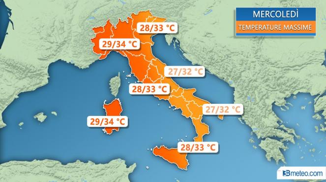 Meteo Italia: le temperature massime previste mercoledì