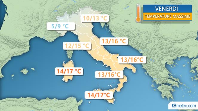 Meteo Italia: le temperature previste venerdì