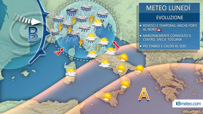 Meteo Italia lunedì, intenso peggioramento al Centro-Nord