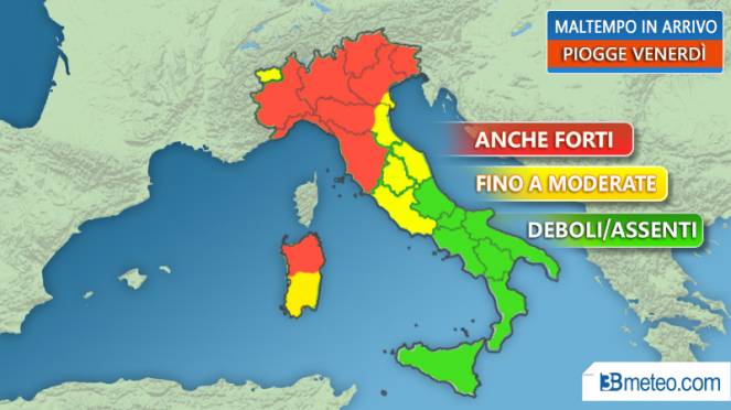 Meteo Italia maltempop: le zone a rischio forti piogge venerdì'