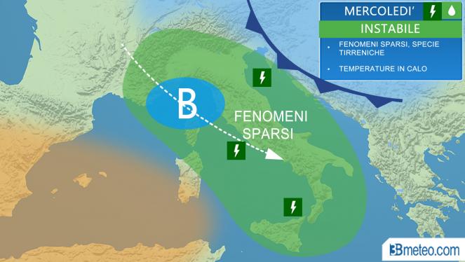 Meteo Italia mercoledì: instabile con piogge e temporali sparsi