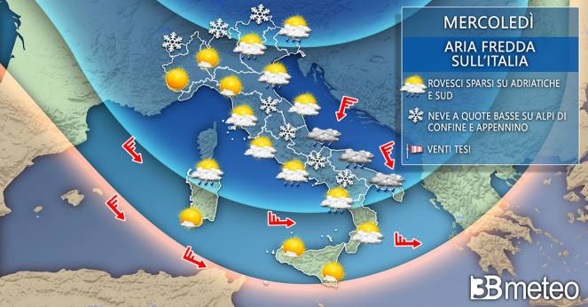 Meteo Italia mercoledì, molto freddo e neve a bassa quota
