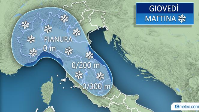 Meteo Italia: neve prevista giovedì mattina
