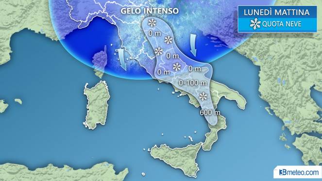 Meteo Italia: neve prevista lunedì mattina