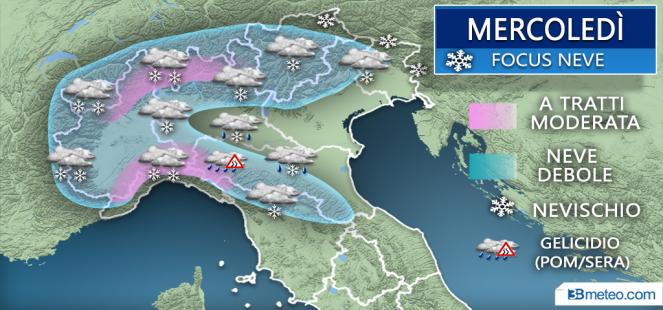 Meteo Italia: neve prevista mercoledì sera/notte