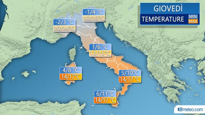 Meteo Italia: temperature attese giovedì