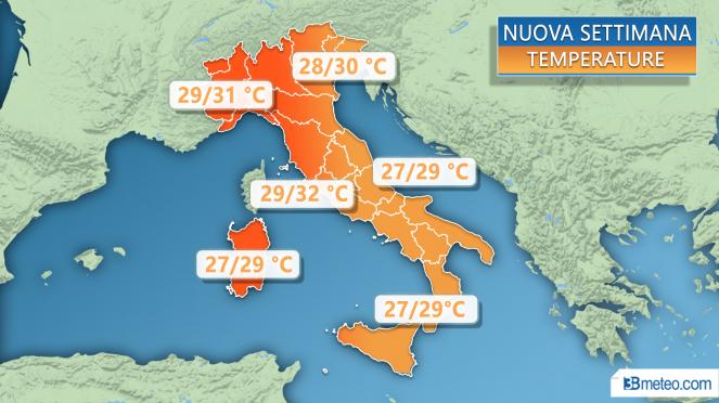Meteo Italia: temperature massime previste