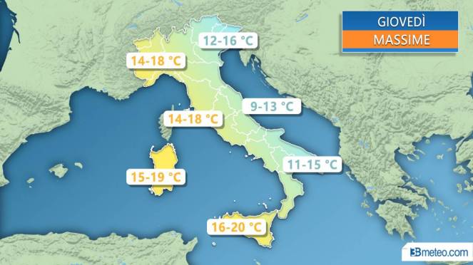 Meteo Italia: temperature massime previste giovedi