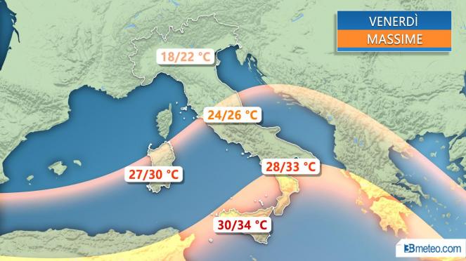 Meteo Italia: temperature massime previste venerdì'