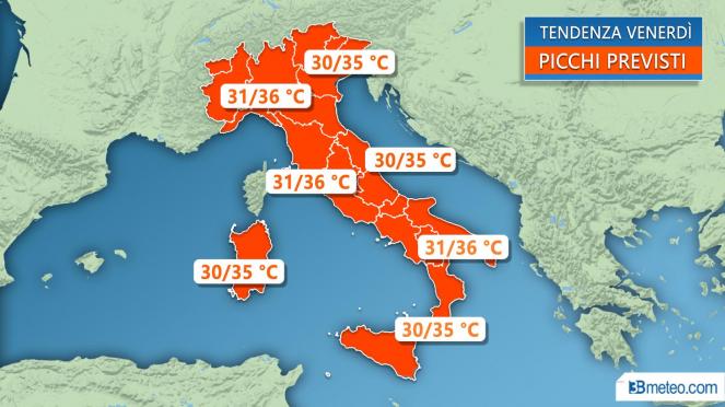 Meteo Italia: temperature massime previste venerdì