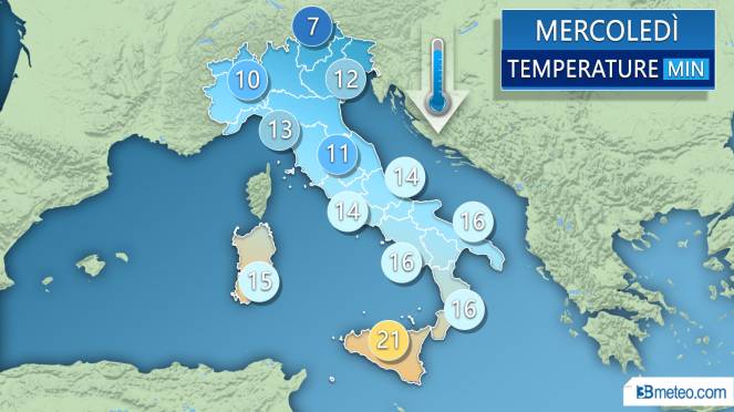 Meteo Italia: temperature minime attese mercoledì'