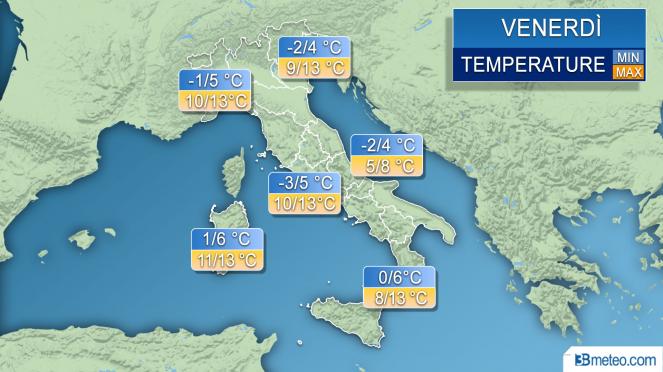 Meteo Italia temperature Venerdì 23 Marzo