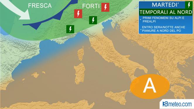 Meteo Italia temporali martedì